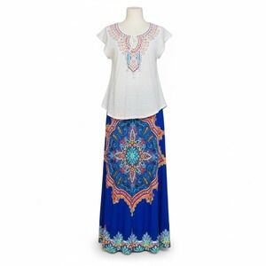 Beach Inc. Linen Top Bling abstract Design Flowy Skirt‎ Size Large